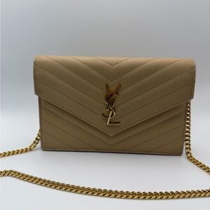Yves Saint Laurent Cassandre beige envelope flap wallet on chain gold